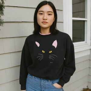 Vintage 80s Bay Bridge Black Cat Face Sweatshirt Size Large Graphic Mock‎ Neck